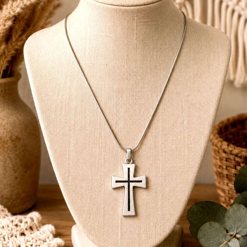 Stainless Steel Cross Pendant Necklace Black Enamel Accent